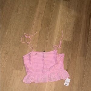 Boohoo Pink Eyelet Ruffle Tie-Shoulder Crop Top